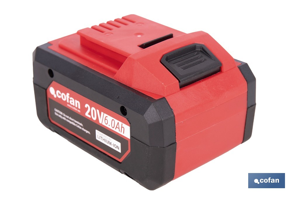 Batería Li-Ion recargable 20 V 6.0 Ah | Compatible con sistema 1 for All | Alta autonomía, protección avanzada | Indicador led de carga - Cofan