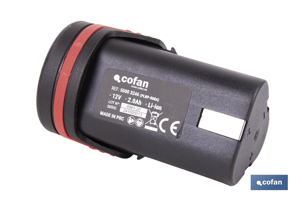 Batería Li-ion de 12 V y 2.0 Ah | Adecuado para taladro 50003244 | Larga duración y protección integral - Cofan