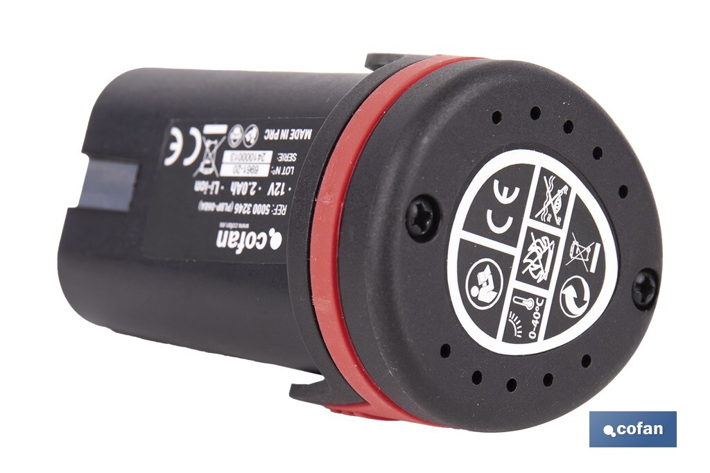 Batería Li-ion de 12 V y 2.0 Ah | Adecuado para taladro 50003244 | Larga duración y protección integral - Cofan