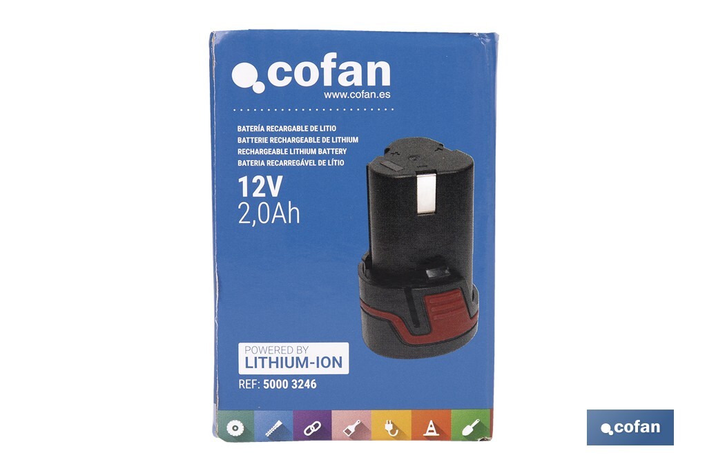 Batería Li-ion de 12 V y 2.0 Ah | Adecuado para taladro 50003244 | Larga duración y protección integral - Cofan