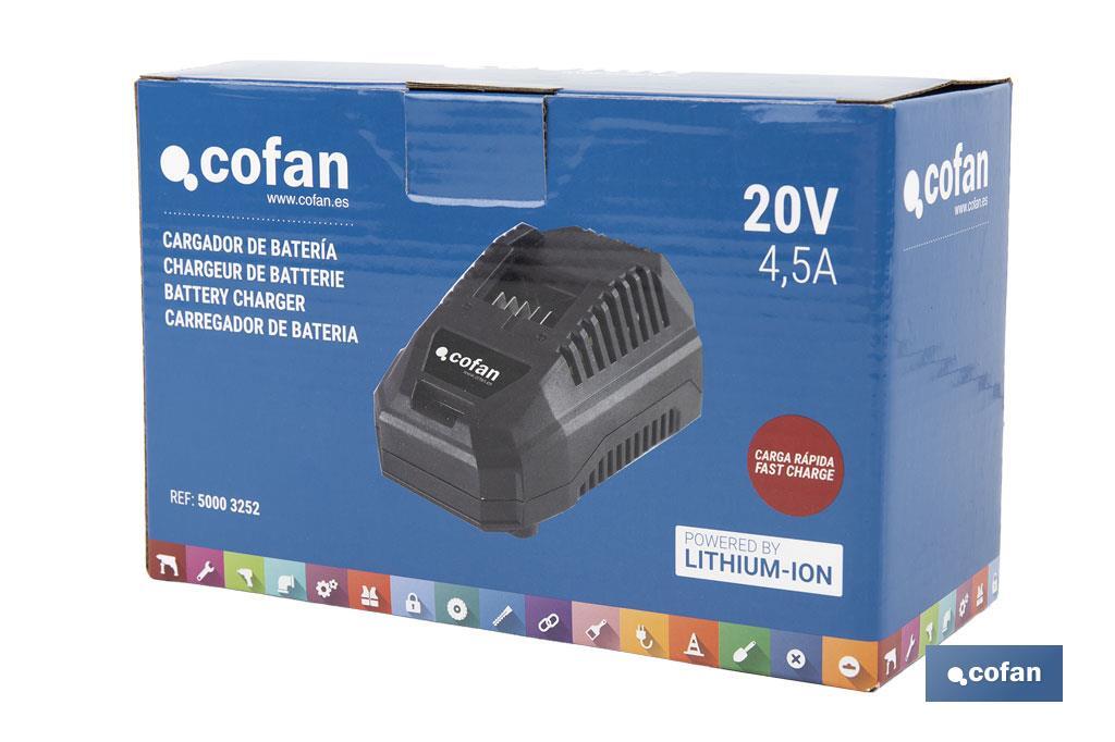 Cargador de batería de alta eficiencia: 20 V 4,5 A | Compatibilidad con sistema 1 For All | Tecnología de carga inteligente - Cofan