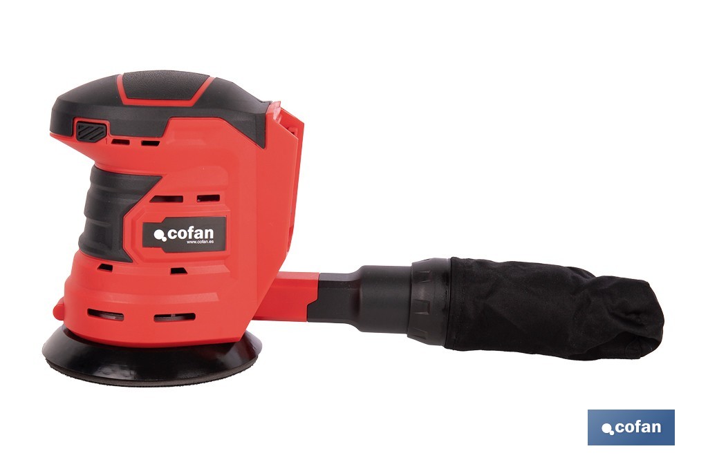 Lijadora orbital a batería | Velocidad de 10.000 rpm | Almohadilla de Ø125 mm con sistema de fijación por velcro | Disponible con y sin batería y cargador - Cofan