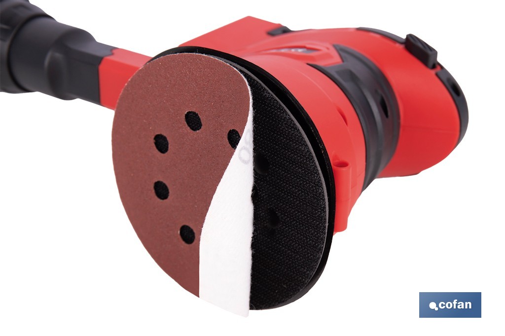 Lijadora orbital a batería | Velocidad de 10.000 rpm | Almohadilla de Ø125 mm con sistema de fijación por velcro | Disponible con y sin batería y cargador - Cofan