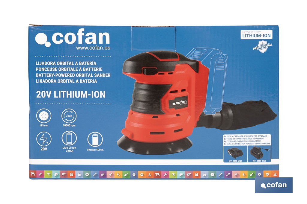 Lijadora orbital a batería | Velocidad de 10.000 rpm | Almohadilla de Ø125 mm con sistema de fijación por velcro | Disponible con y sin batería y cargador - Cofan