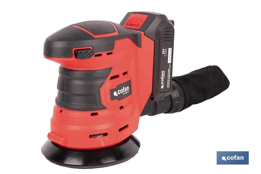 Lijadora orbital a batería | Velocidad de 10.000 rpm | Almohadilla de Ø125 mm con sistema de fijación por velcro | Disponible con y sin batería y cargador - Cofan