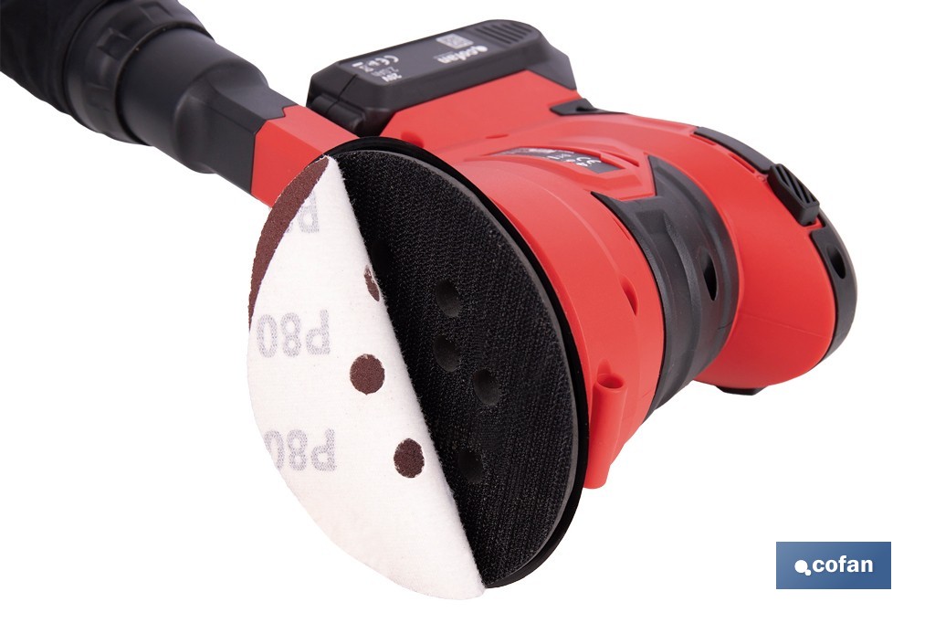 Lijadora orbital a batería | Velocidad de 10.000 rpm | Almohadilla de Ø125 mm con sistema de fijación por velcro | Disponible con y sin batería y cargador - Cofan