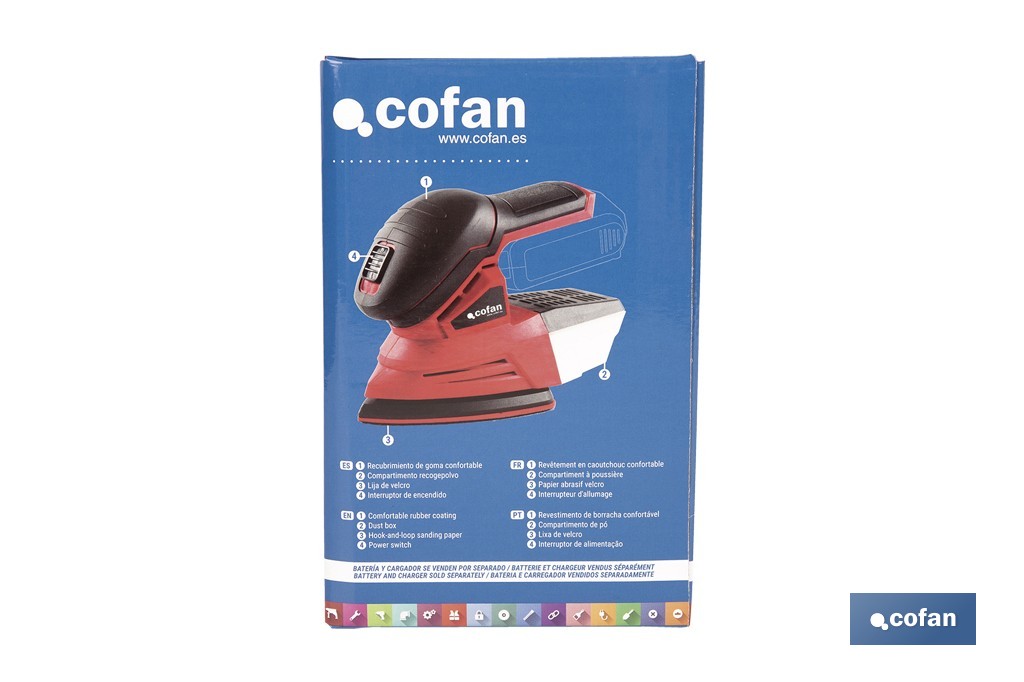 Lijadora Mouse a batería 20 V | Base de 10 x 14 cm | 11.000 rpm | Incluye caja de polvo y 3 hojas de lija | Disponible con y sin batería y cargador - Cofan