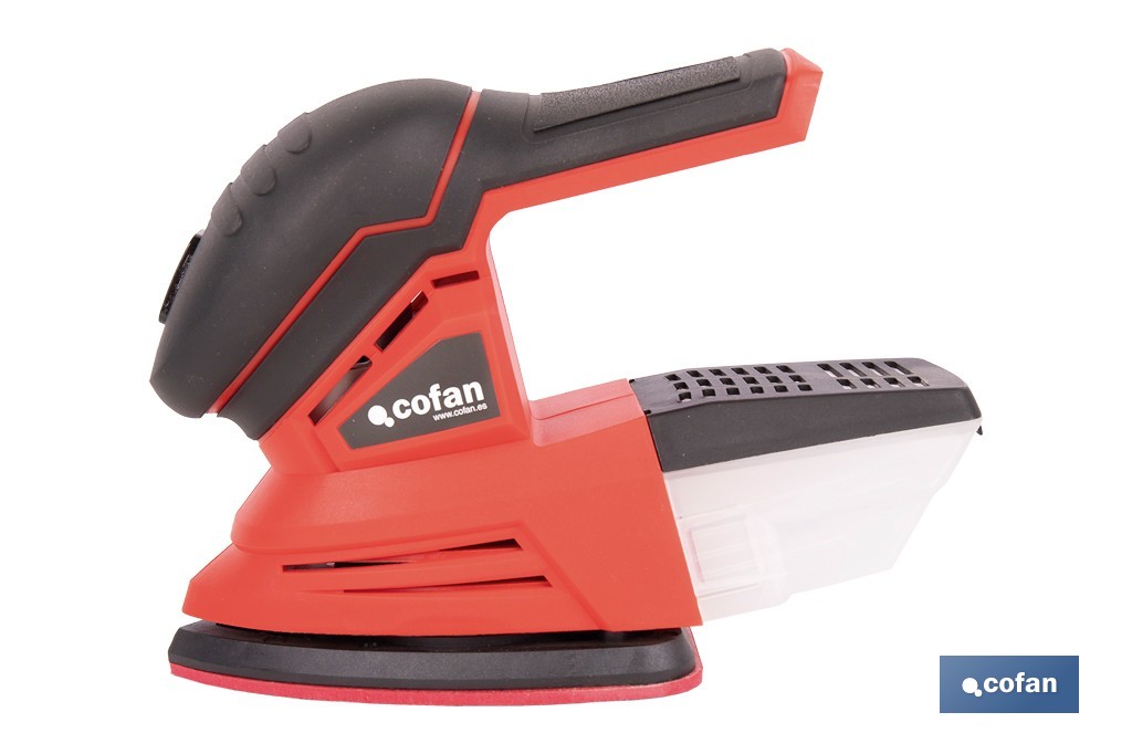 Lijadora Mouse a batería 20 V | Base de 10 x 14 cm | 11.000 rpm | Incluye caja de polvo y 3 hojas de lija | Disponible con y sin batería y cargador - Cofan