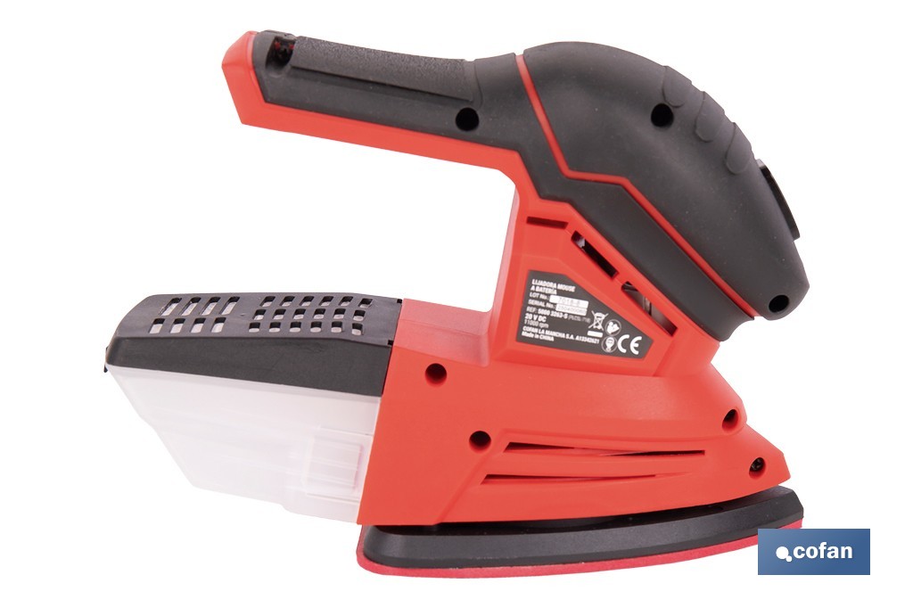 Lijadora Mouse a batería 20 V | Base de 10 x 14 cm | 11.000 rpm | Incluye caja de polvo y 3 hojas de lija | Disponible con y sin batería y cargador - Cofan