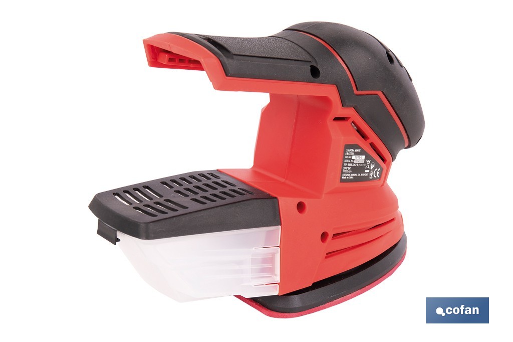 Lijadora Mouse a batería 20 V | Base de 10 x 14 cm | 11.000 rpm | Incluye caja de polvo y 3 hojas de lija | Disponible con y sin batería y cargador - Cofan