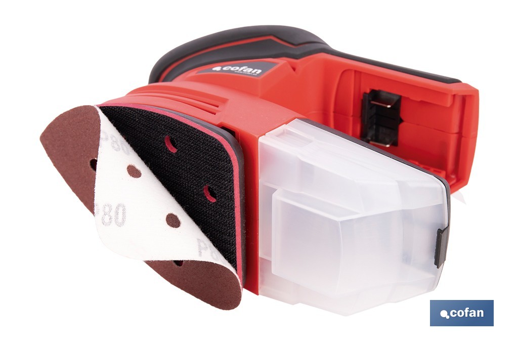 Lijadora Mouse a batería 20 V | Base de 10 x 14 cm | 11.000 rpm | Incluye caja de polvo y 3 hojas de lija | Disponible con y sin batería y cargador - Cofan