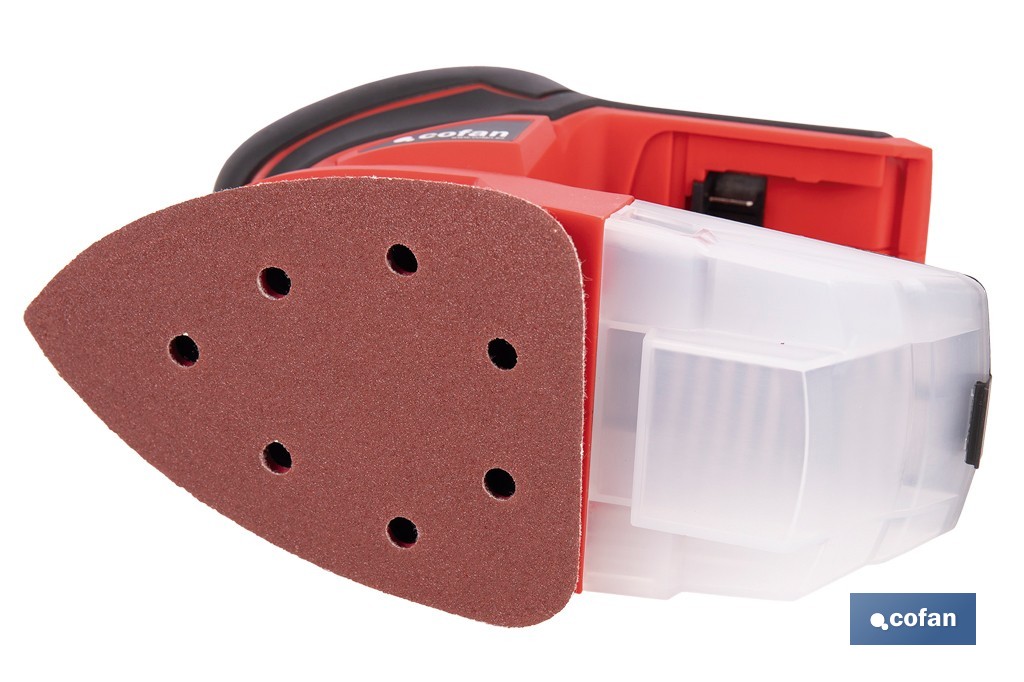 Lijadora Mouse a batería 20 V | Base de 10 x 14 cm | 11.000 rpm | Incluye caja de polvo y 3 hojas de lija | Disponible con y sin batería y cargador - Cofan
