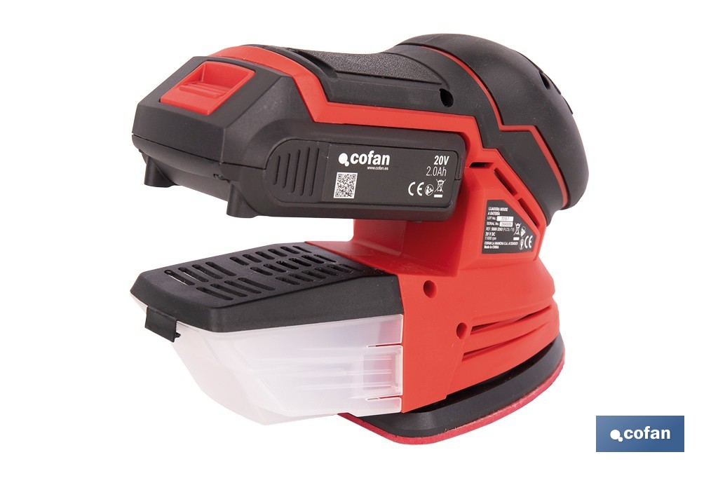 Lijadora Mouse a batería 20 V | Base de 10 x 14 cm | 11.000 rpm | Incluye caja de polvo y 3 hojas de lija | Disponible con y sin batería y cargador - Cofan