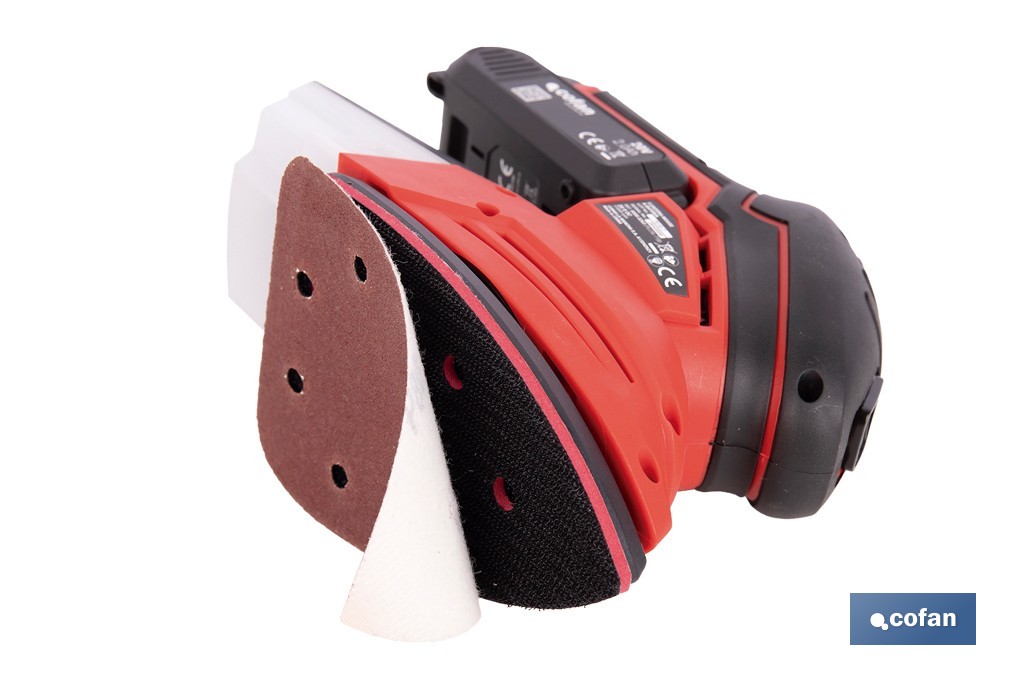 Lijadora Mouse a batería 20 V | Base de 10 x 14 cm | 11.000 rpm | Incluye caja de polvo y 3 hojas de lija | Disponible con y sin batería y cargador - Cofan