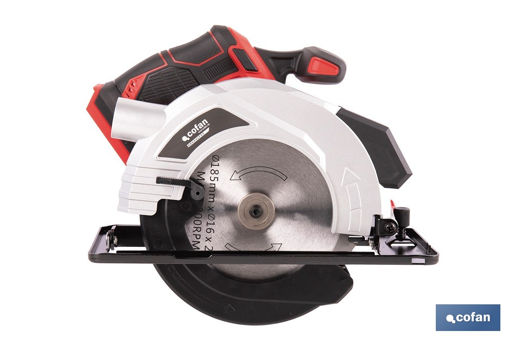 Sierra circular a batería 20 V con motor brushless | Disco de corte de Ø185 mm | 3650 rpm | Corte de profundidad hasta 50 mm | Incluye accesorios | Disponible con y sin batería y cargador - Cofan