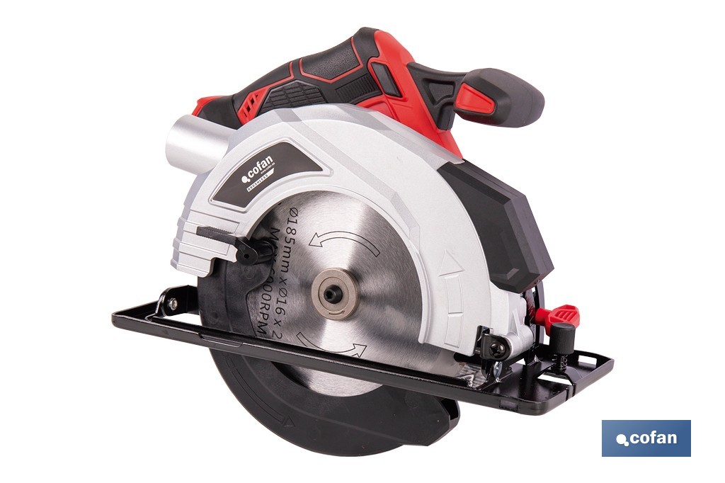 Sierra circular a batería 20 V con motor brushless | Disco de corte de Ø185 mm | 3650 rpm | Corte de profundidad hasta 50 mm | Incluye accesorios | Disponible con y sin batería y cargador - Cofan