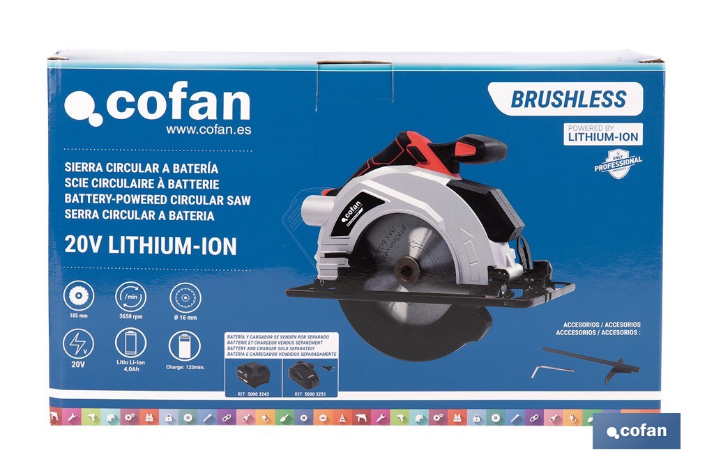 Sierra circular a batería 20 V con motor brushless | Disco de corte de Ø185 mm | 3650 rpm | Corte de profundidad hasta 50 mm | Incluye accesorios | Disponible con y sin batería y cargador - Cofan