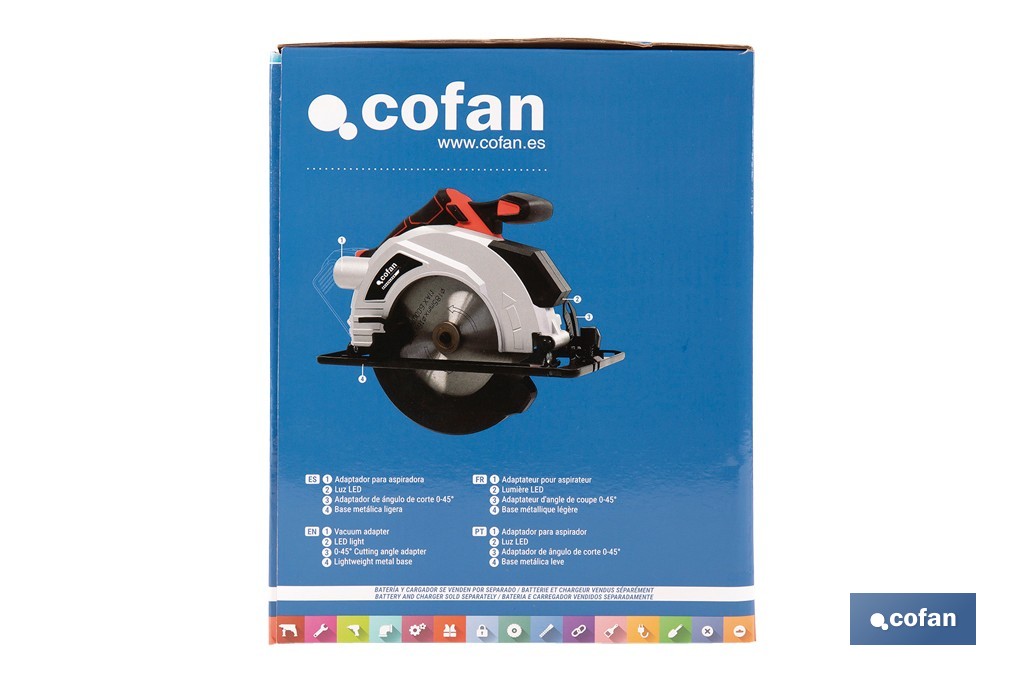 Sierra circular a batería 20 V con motor brushless | Disco de corte de Ø185 mm | 3650 rpm | Corte de profundidad hasta 50 mm | Incluye accesorios | Disponible con y sin batería y cargador - Cofan