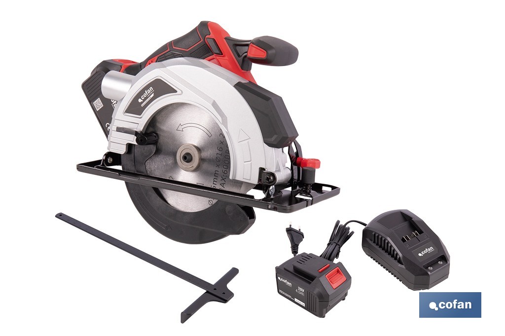 Sierra circular a batería 20 V con motor brushless | Disco de corte de Ø185 mm | 3650 rpm | Corte de profundidad hasta 50 mm | Incluye accesorios | Disponible con y sin batería y cargador - Cofan