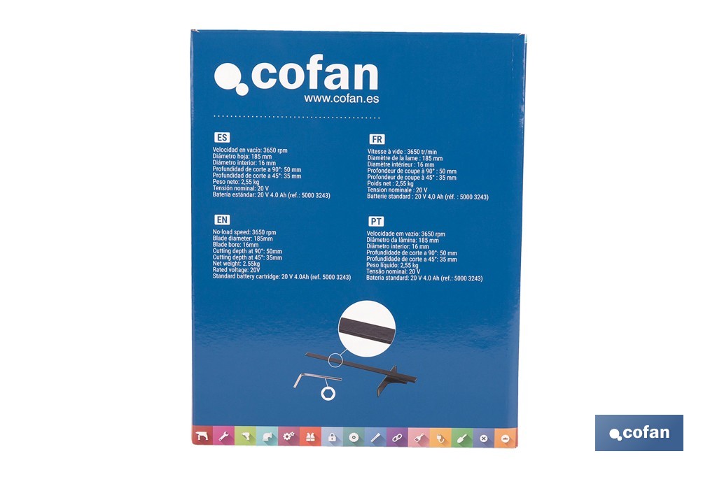 Sierra circular a batería 20 V con motor brushless | Disco de corte de Ø185 mm | 3650 rpm | Corte de profundidad hasta 50 mm | Incluye accesorios | Disponible con y sin batería y cargador - Cofan