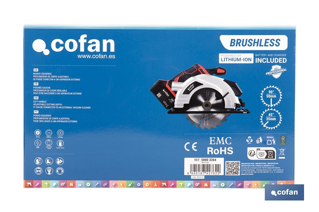 Sierra circular a batería 20 V con motor brushless | Disco de corte de Ø185 mm | 3650 rpm | Corte de profundidad hasta 50 mm | Incluye accesorios | Disponible con y sin batería y cargador - Cofan
