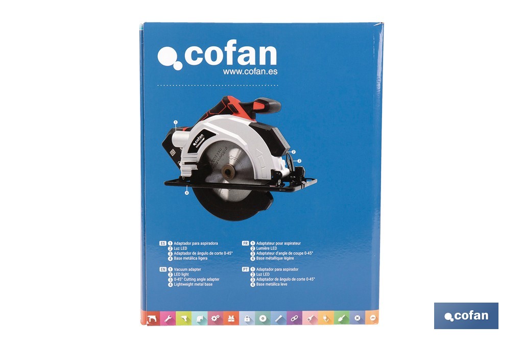 Sierra circular a batería 20 V con motor brushless | Disco de corte de Ø185 mm | 3650 rpm | Corte de profundidad hasta 50 mm | Incluye accesorios | Disponible con y sin batería y cargador - Cofan