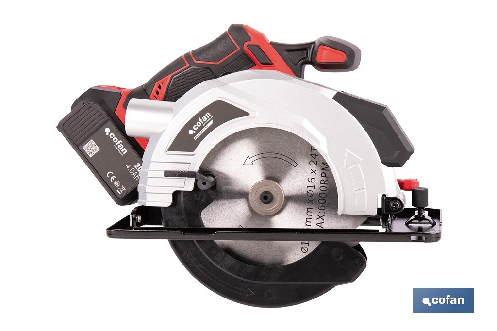 Sierra circular a batería 20 V con motor brushless | Disco de corte de Ø185 mm | 3650 rpm | Corte de profundidad hasta 50 mm | Incluye accesorios | Disponible con y sin batería y cargador - Cofan