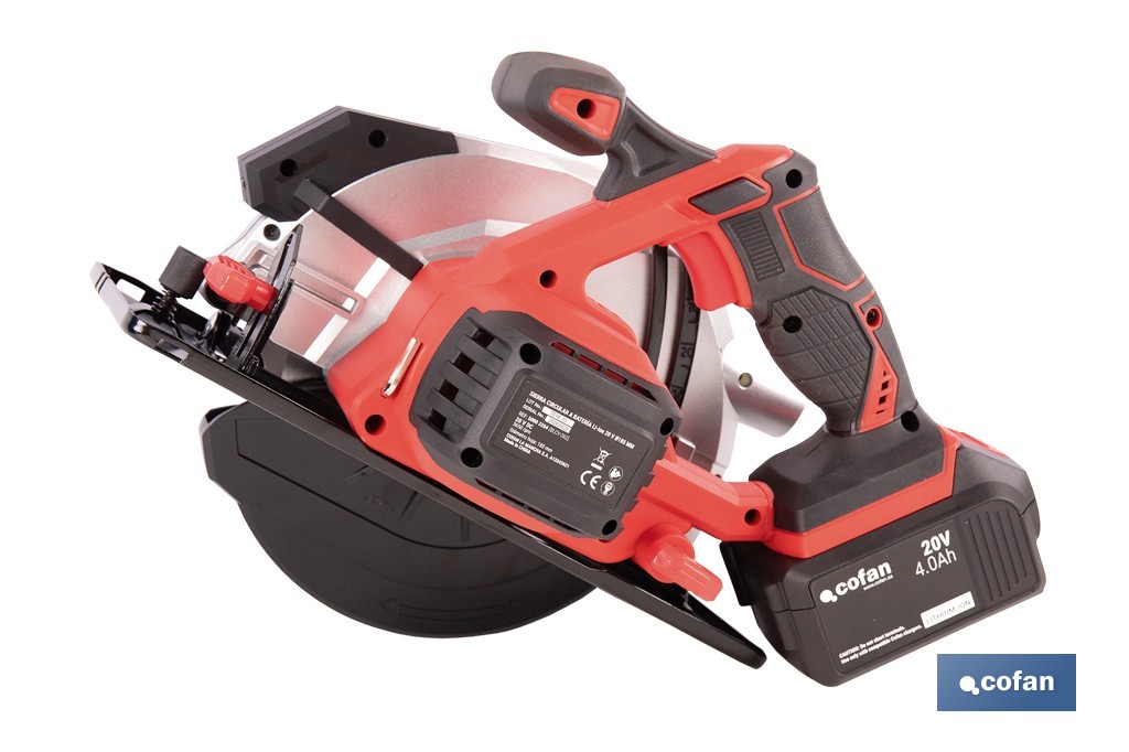 Sierra circular a batería 20 V con motor brushless | Disco de corte de Ø185 mm | 3650 rpm | Corte de profundidad hasta 50 mm | Incluye accesorios | Disponible con y sin batería y cargador - Cofan