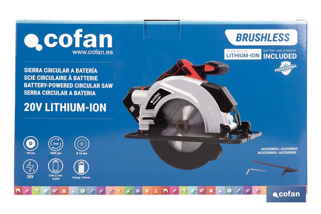 Sierra circular a batería 20 V con motor brushless | Disco de corte de Ø185 mm | 3650 rpm | Corte de profundidad hasta 50 mm | Incluye accesorios | Disponible con y sin batería y cargador - Cofan