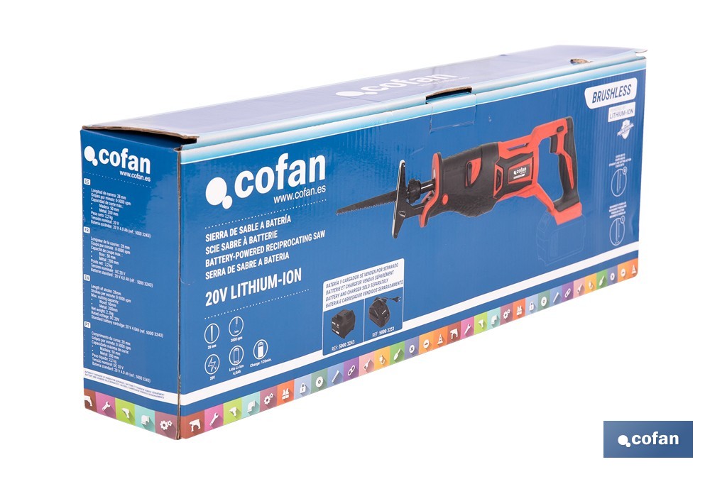 Sierra de sable a batería con motor brushless | Potencia: 20 V | Velocidad variable | Corte en madera y metal | Disponible con y sin batería y cargador - Cofan