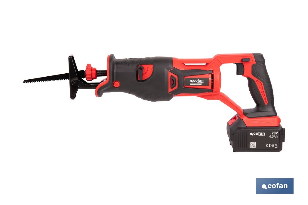 Sierra de sable a batería con motor brushless | Potencia: 20 V | Velocidad variable | Corte en madera y metal | Disponible con y sin batería y cargador - Cofan