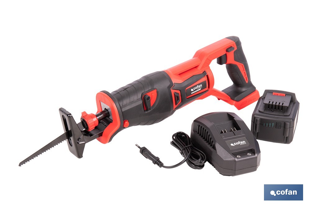 Sierra de sable a batería con motor brushless | Potencia: 20 V | Velocidad variable | Corte en madera y metal | Disponible con y sin batería y cargador - Cofan