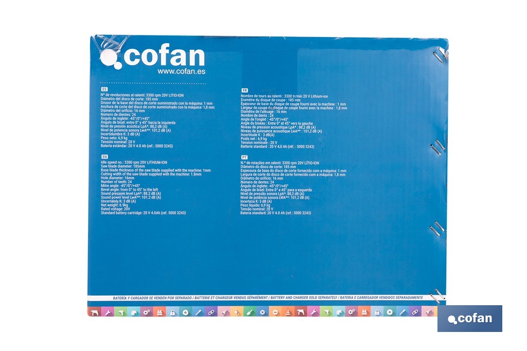 Ingletadora a batería 20 V con motor brushless | Corte máx. 105 mm, inclinación -45°/+45°, velocidad 3200 rpm | Incluye bolsa de polvo | Disponible con y sin batería y cargador - Cofan