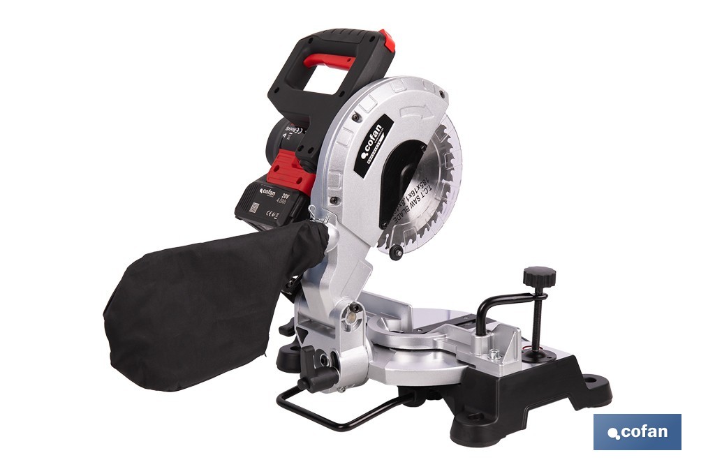 Ingletadora a batería 20 V con motor brushless | Corte máx. 105 mm, inclinación -45°/+45°, velocidad 3200 rpm | Incluye bolsa de polvo | Disponible con y sin batería y cargador - Cofan