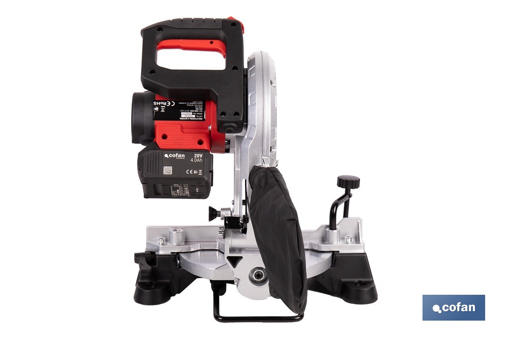 Ingletadora a batería 20 V con motor brushless | Corte máx. 105 mm, inclinación -45°/+45°, velocidad 3200 rpm | Incluye bolsa de polvo | Disponible con y sin batería y cargador - Cofan