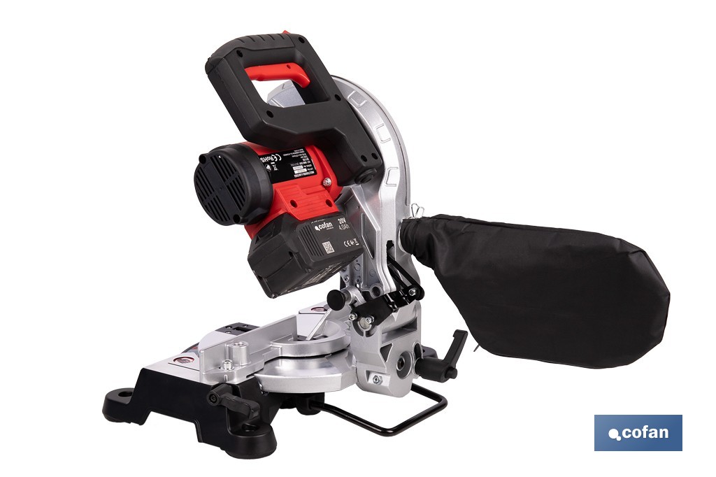 Ingletadora a batería 20 V con motor brushless | Corte máx. 105 mm, inclinación -45°/+45°, velocidad 3200 rpm | Incluye bolsa de polvo | Disponible con y sin batería y cargador - Cofan