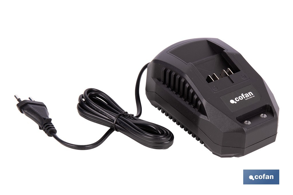Pack de cargador 20 V 2.4 A + Batería 20 V 2.0 Ah Li-Ion | Compatible con sistema 1 for All | Protección contra sobrecarga y larga duración - Cofan