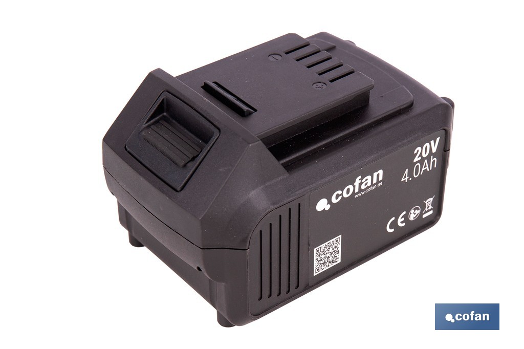 Pack de cargador 20 V 4.5 A + Batería 20 V 4.0 Ah Li-Ion | Compatible con sistema 1 for All | Protección contra sobrecarga y larga duración - Cofan