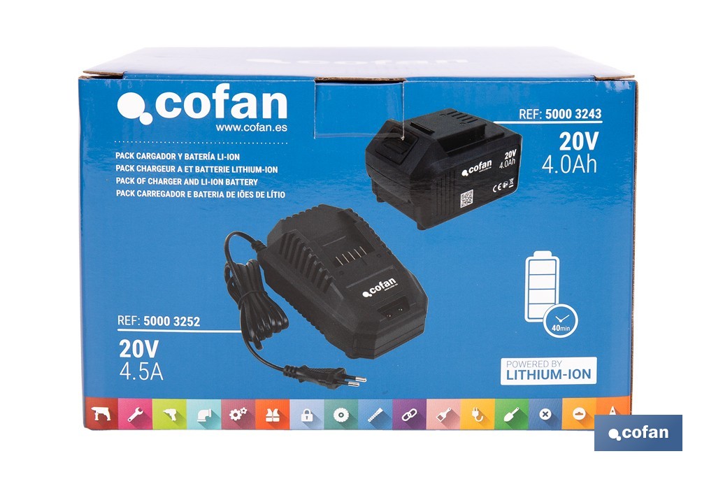 Pack de cargador 20 V 4.5 A + Batería 20 V 4.0 Ah Li-Ion | Compatible con sistema 1 for All | Protección contra sobrecarga y larga duración - Cofan