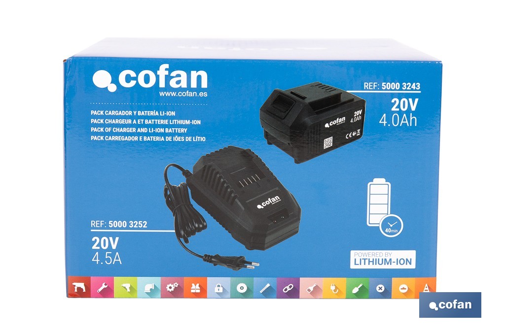 Pack de cargador 20 V 4.5 A + Batería 20 V 4.0 Ah Li-Ion | Compatible con sistema 1 for All | Protección contra sobrecarga y larga duración - Cofan