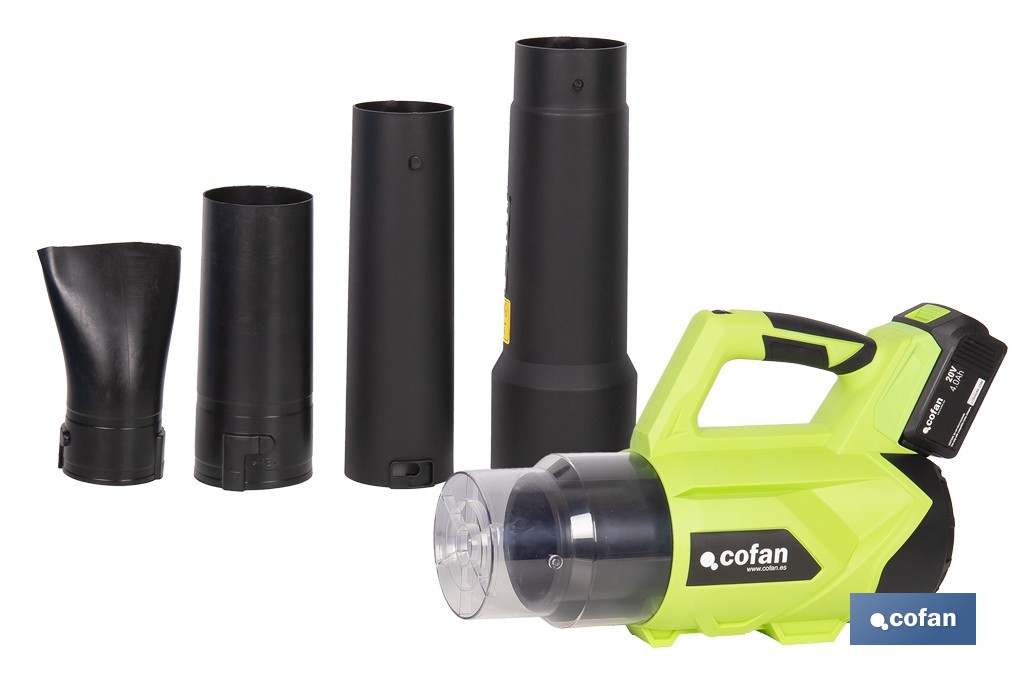 Sopladora a batería 20 V con 2 velocidades y motor de 22.500 rpm | Ligera, ergonómica y potente | Disponible con y sin batería y cargador - Cofan