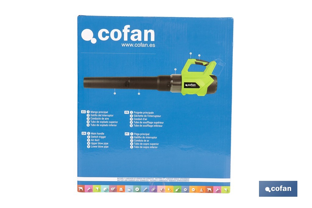 Sopladora a batería 20 V con 2 velocidades y motor de 22.500 rpm | Ligera, ergonómica y potente | Disponible con y sin batería y cargador - Cofan