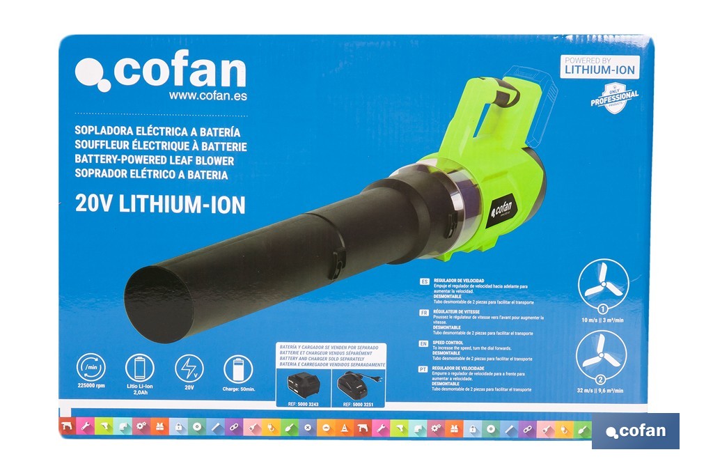 Sopladora a batería 20 V con 2 velocidades y motor de 22.500 rpm | Ligera, ergonómica y potente | Disponible con y sin batería y cargador - Cofan