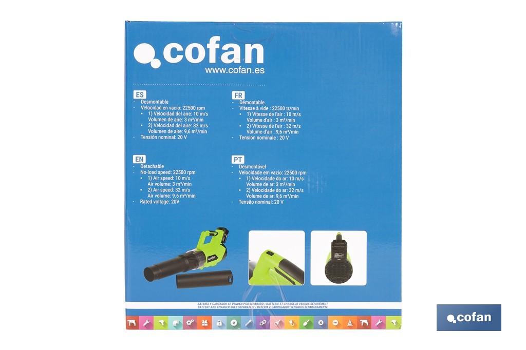 Sopladora a batería 20 V con 2 velocidades y motor de 22.500 rpm | Ligera, ergonómica y potente | Disponible con y sin batería y cargador - Cofan