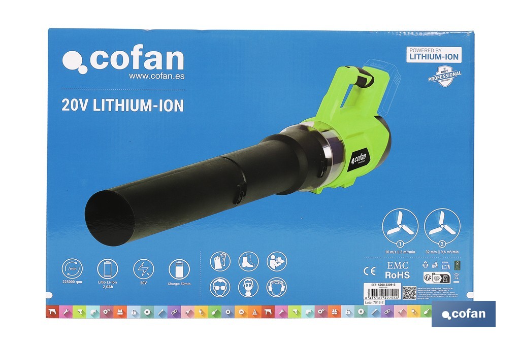 Sopladora a batería 20 V con 2 velocidades y motor de 22.500 rpm | Ligera, ergonómica y potente | Disponible con y sin batería y cargador - Cofan