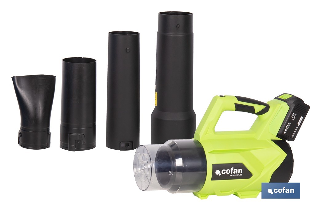 Sopladora a batería 20 V con 2 velocidades y motor de 22.500 rpm | Ligera, ergonómica y potente | Disponible con y sin batería y cargador - Cofan