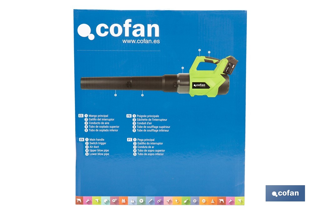 Sopladora a batería 20 V con 2 velocidades y motor de 22.500 rpm | Ligera, ergonómica y potente | Disponible con y sin batería y cargador - Cofan