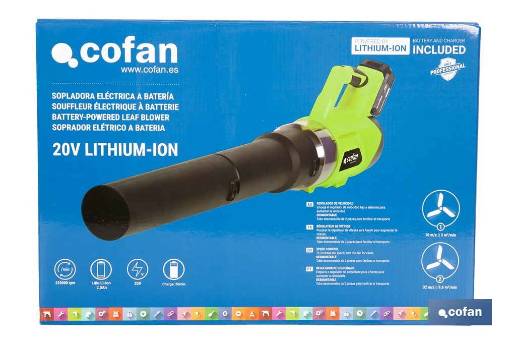Sopladora a batería 20 V con 2 velocidades y motor de 22.500 rpm | Ligera, ergonómica y potente | Disponible con y sin batería y cargador - Cofan