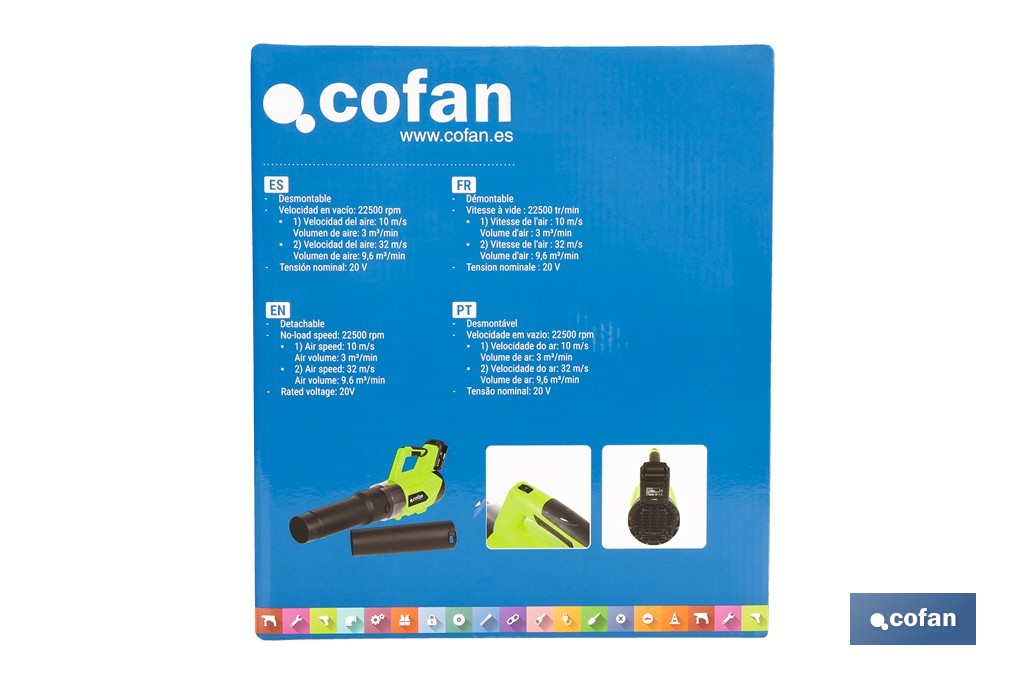 Sopladora a batería 20 V con 2 velocidades y motor de 22.500 rpm | Ligera, ergonómica y potente | Disponible con y sin batería y cargador - Cofan