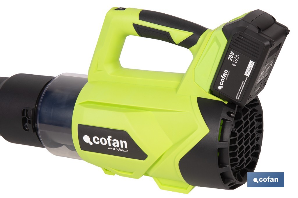 Sopladora a batería 20 V con 2 velocidades y motor de 22.500 rpm | Ligera, ergonómica y potente | Disponible con y sin batería y cargador - Cofan